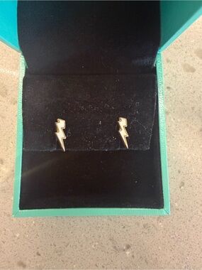 Gold Lightning Bolt Stud Earrings - White Inlay